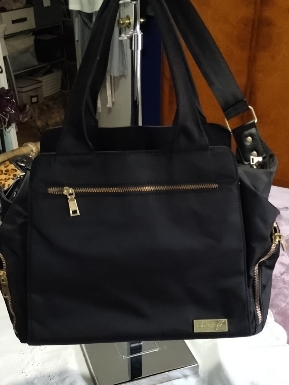 Charlie G Black Nylon Dog/Cat Tote Bag with Gold Hardware